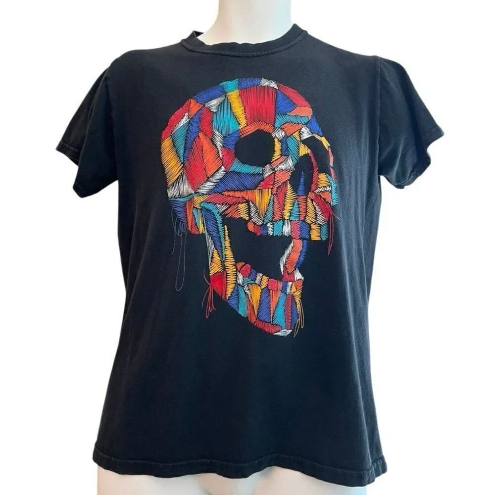 Mens Medium Black With Colorful Skull Mexican Graphic T Shirt Rayton Playeras